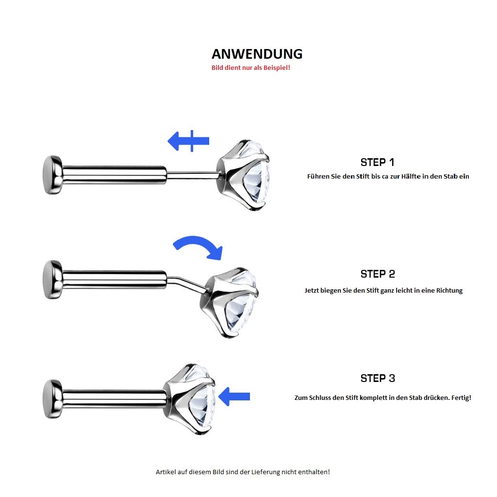 Push-In Aufsatz Silber Zirkonia Titan Grade 23 Piercing Set Mehrfarbig 9,2mm Groß Ohrstecker Labret Stud Nipple Straight Barbell