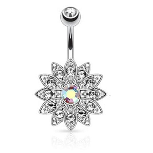 Bauchnabelpiercing aus Edelstahl Chirurgenstahl 316L mit Anhänger mehrfach besetztes Blatt Zirkonia farblos pink farblos Aurora Borealis