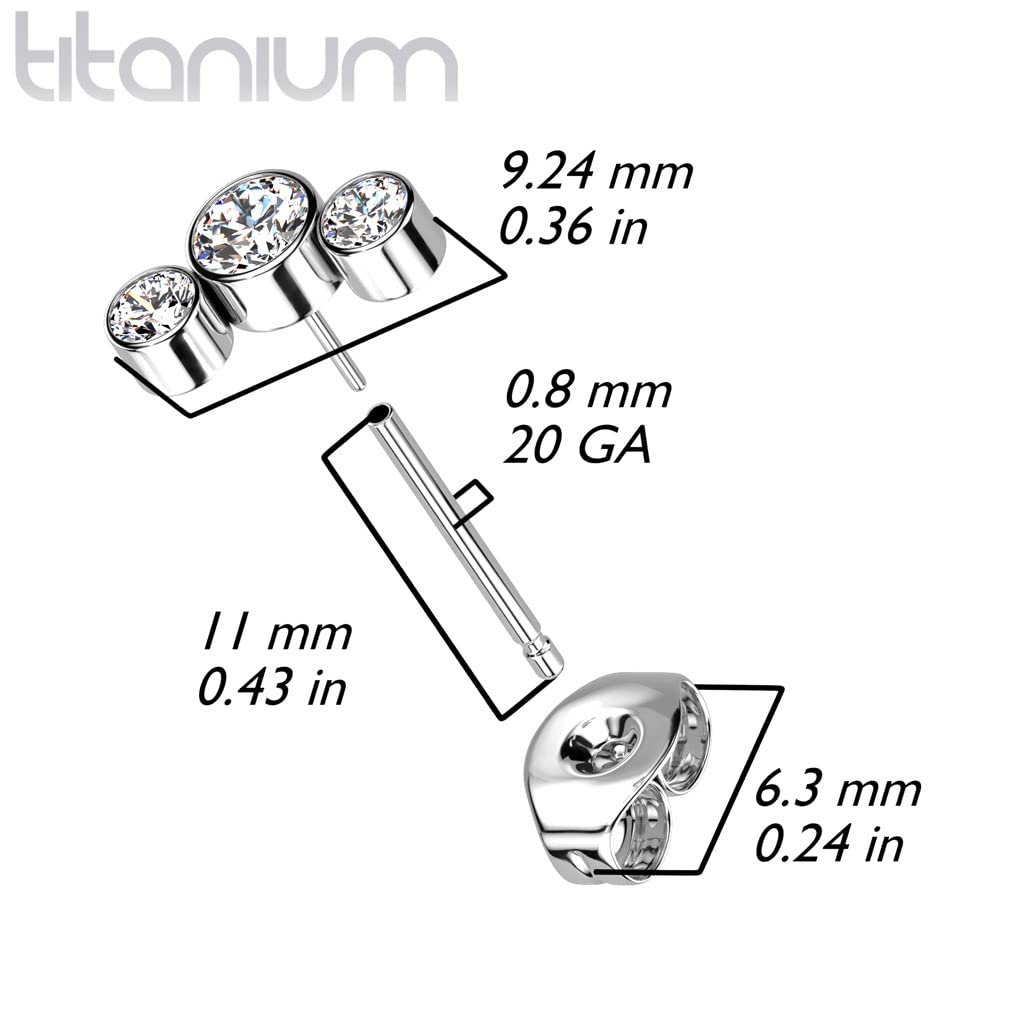 Push-In Ohrstecker 3 Kristalle Halbmond Titan Grade 23 9,24mm Lang Butterflyverschluss Gewindelos Kombinierbar Threadless