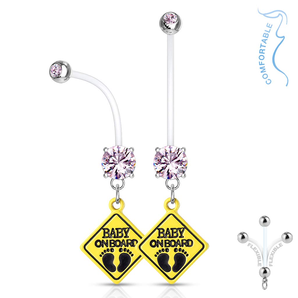 Schwangerschaftspiercing Bauchnabelpiercing Schild Baby ON Board Zirkonia Bio Flexibler Stab Bauchpiercing Nabelpiercing Boy Girl