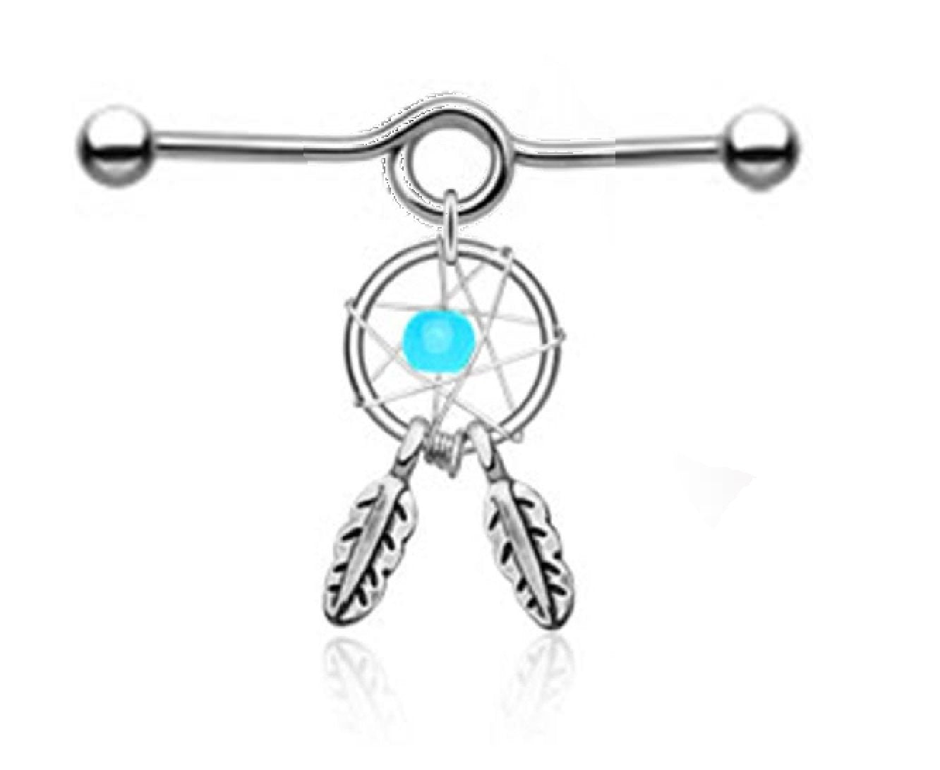 Industrial Ohrpiercing Stab Traum-Fänger Feder Chirurgenstahl 35mm Stablänge 1.6 mm Stabdicke Silber Aqua Barbell Bar