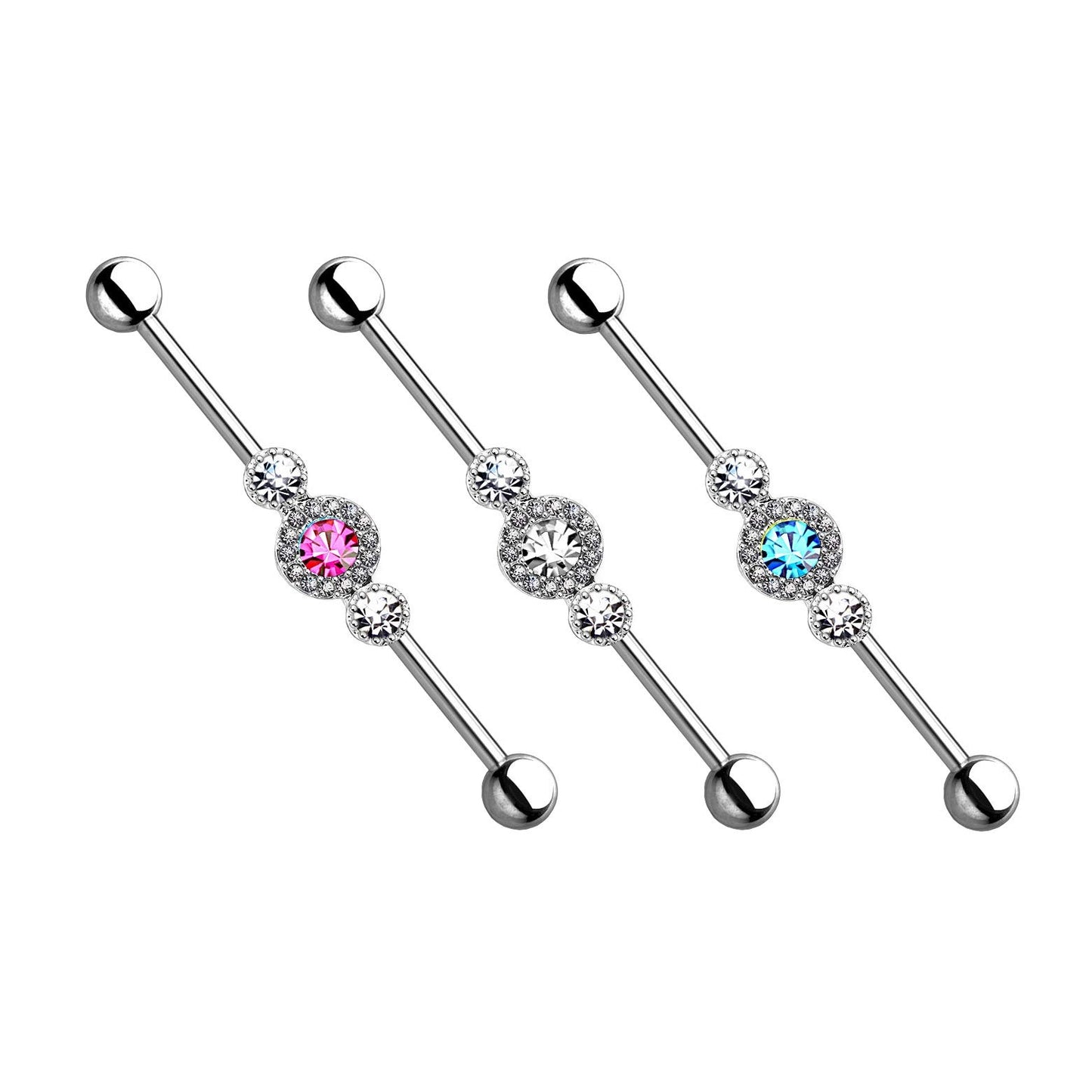 Industrial Stab Piercing Straight Barbell Hantel DREI Zirkonia in Reihe Clear pink Aqua Ohr Knorpel Cartilage Edelstahl Chirurgenstahl 316L