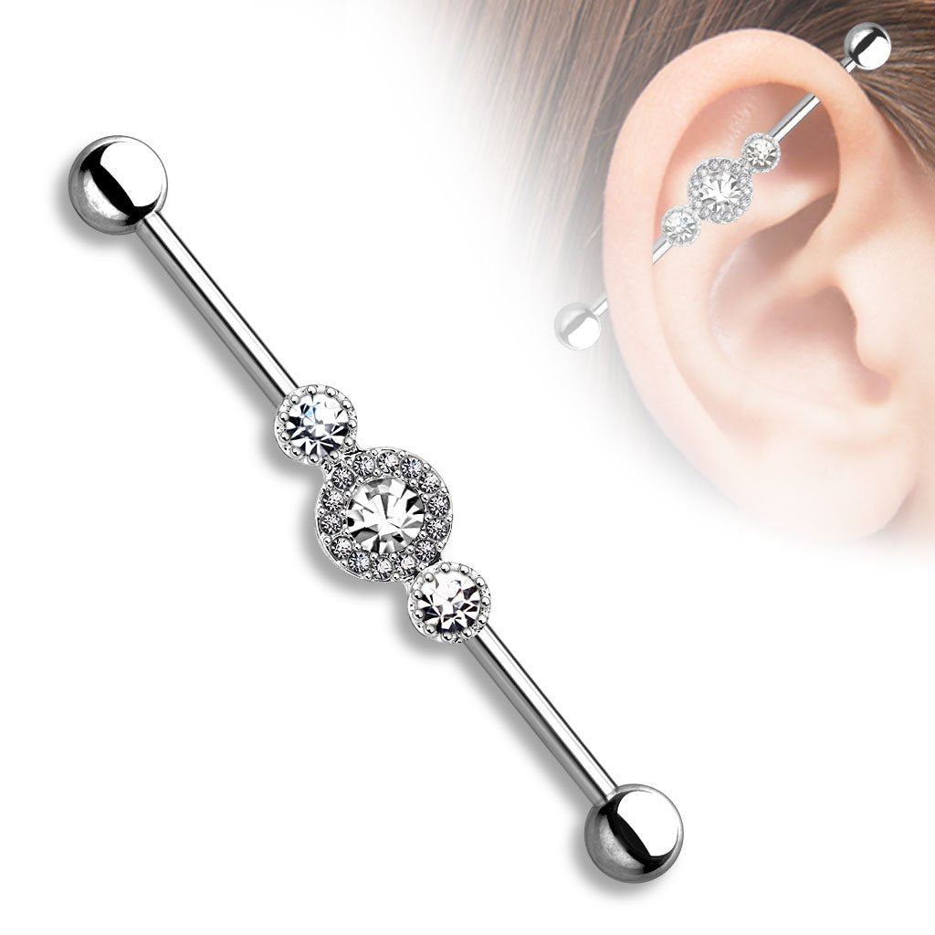 Industrial Stab Piercing Straight Barbell Hantel DREI Zirkonia in Reihe Clear pink Aqua Ohr Knorpel Cartilage Edelstahl Chirurgenstahl 316L