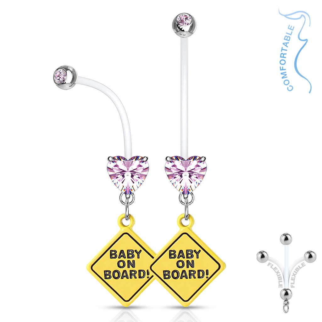 Schwangerschaftspiercing Bauchnabelpiercing Schild Baby ON Board Herz Zirkonia Bio Flexibler Stab Bauchpiercing Nabelpiercing