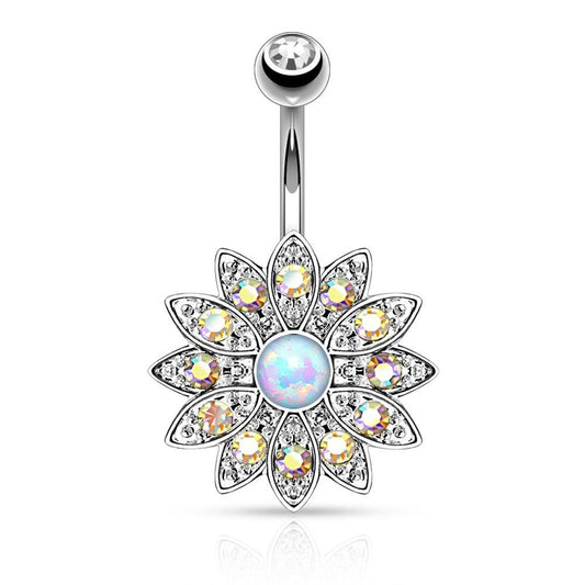 Bauchnabelpiercing aus Edelstahl Chirurgenstahl 316L silbern. vergoldet. rosévergoldet Blume besetzt mit Zirkonia farblos. Aurora