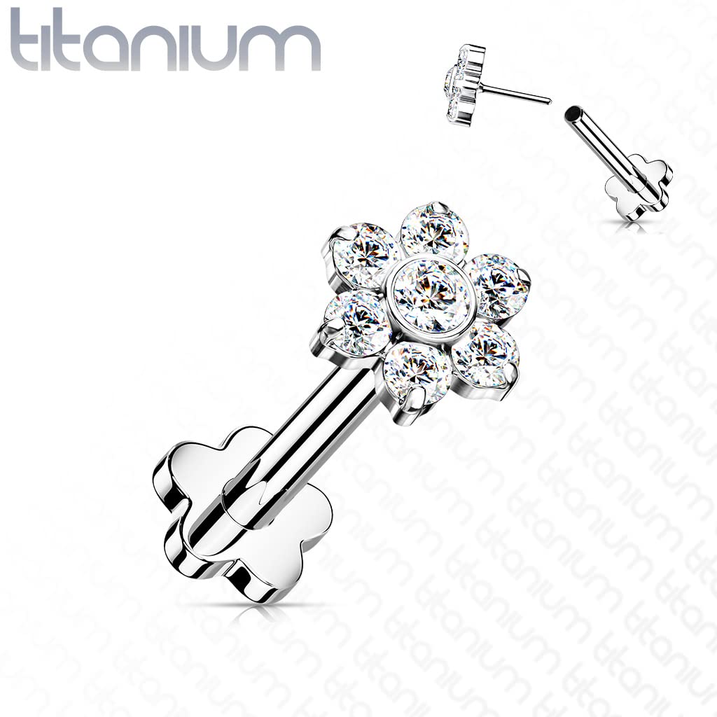 Push-In Labret Piercing Zirkonia Titan Grade 23 Kugel Piercing Set Mehrfarbig 1,2mm Stabdicke Blütensockel Madonna Medusa Monroe