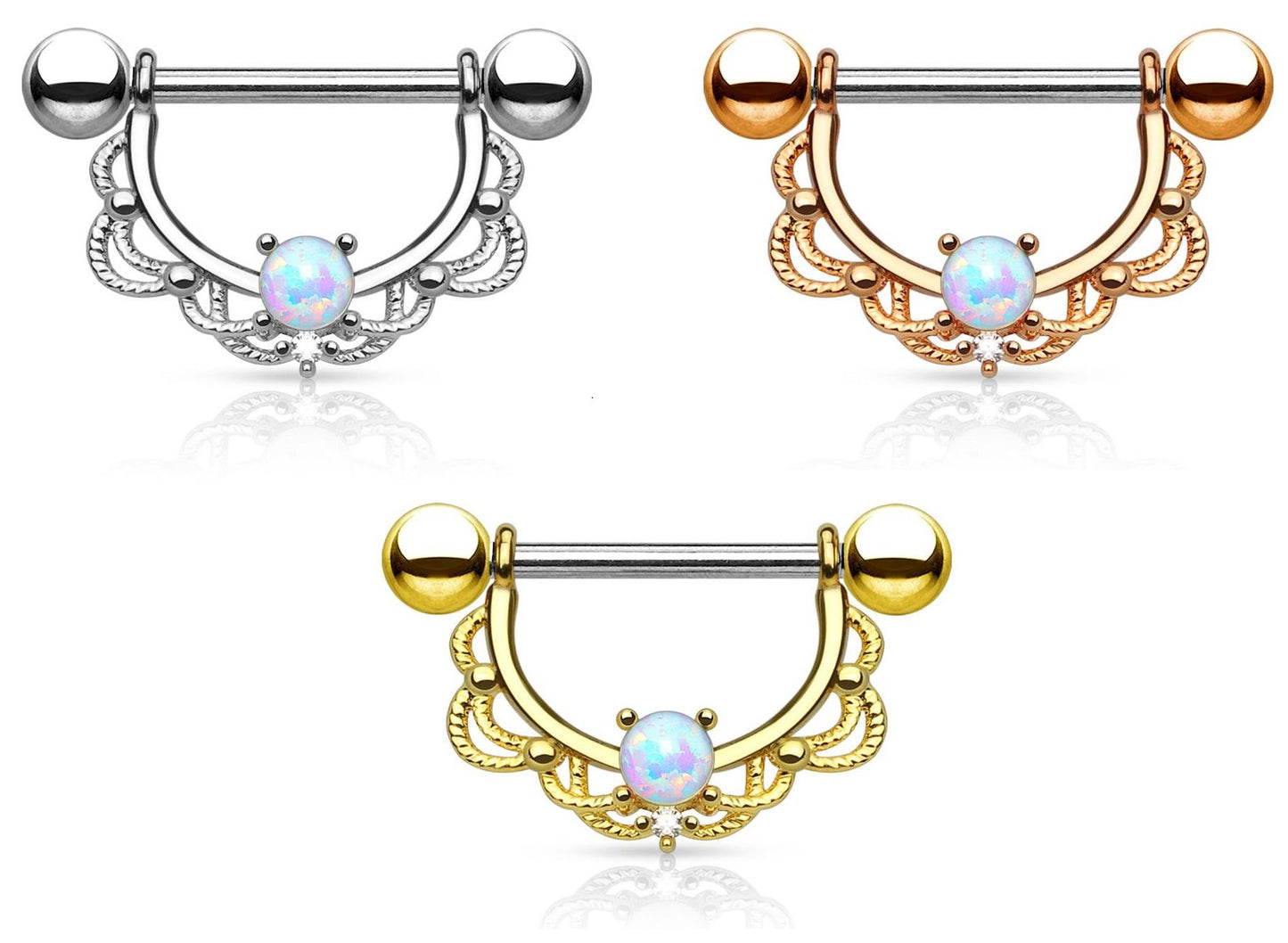 Brustwarzenpiercing Brustpiercing Frau Maenner Intimpiercing Mann Nippelpiercing Edelstahl Chirurgenstahl 316L Filigraner Bogen Opal Silber, Gelbgold, Roségold